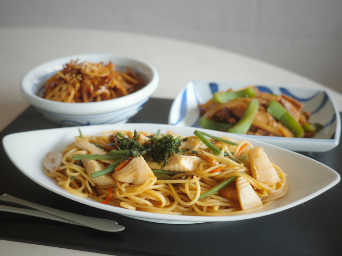 「和洋折衷ペペロンチーノパスタ」「ザクッと食感のごちそうきんぴら」「めんまと山くらげの中華風和え」
