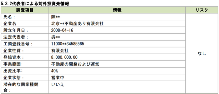 代表者による対外投資先情報(イメージ)