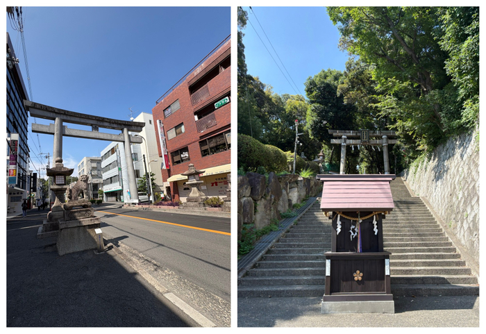 山崎の戦い前夜に秀吉が陣を構えた&ldquo;天神の馬場&rdquo;(左)や、その山道にある&ldquo;上宮天満宮&rdquo;(右)などを巡る