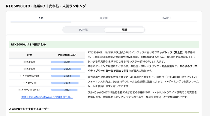 「RTX5090 BTO・搭載PC ｜売れ筋・人気ランキング」ページのスクリーンショット
