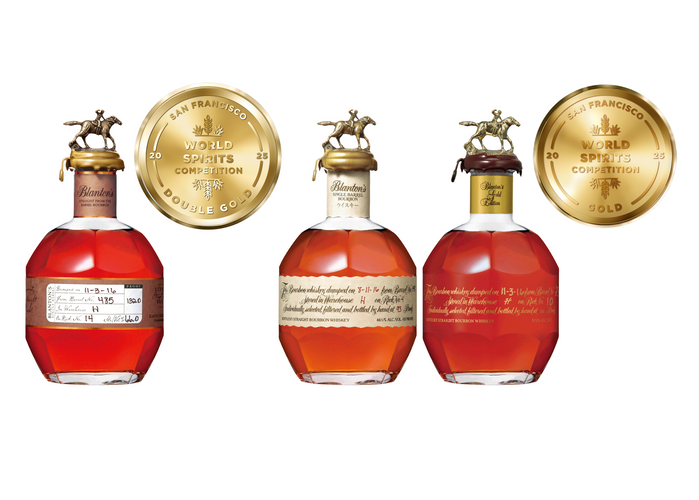左から、最高金賞（ダブルゴールド）を受賞した&ldquo;ブラントン・ストレート・フロム・ザ・バレル&rdquo;、金賞（ゴールド）を受賞した&ldquo;ブラントン&rdquo;、&ldquo;ブラントンゴールド&rdquo;