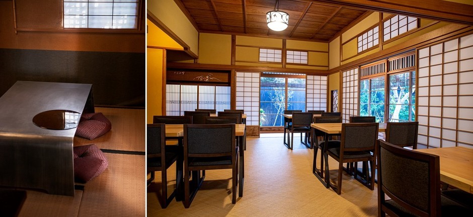 お茶室(お座敷の個室)や、日本庭園を見渡せるテーブル席もある