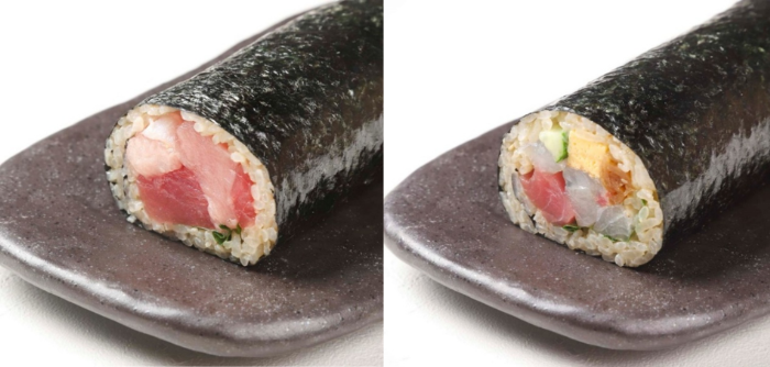 赤酢のシャリを用いた「近大生まれのマグロ恵方巻」（左）と「近大生まれの海鮮恵方巻」（右）