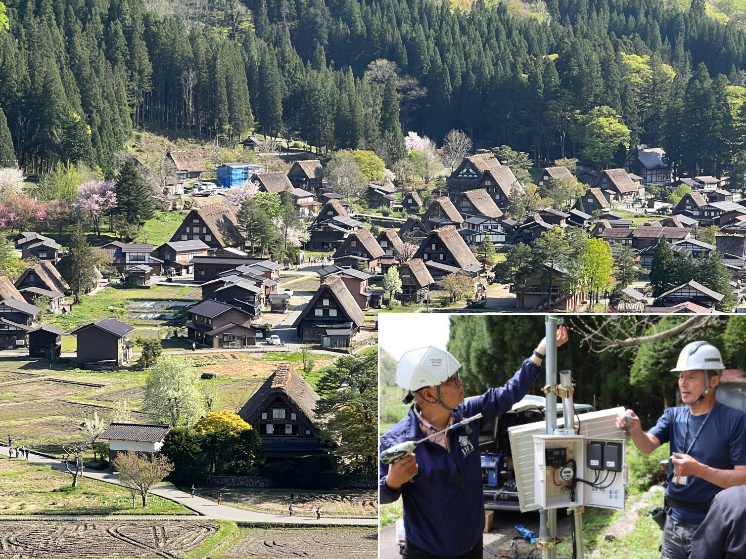 白川郷合掌造り集落と右下は熊ソニックを設置する辻特担教授（左）ら