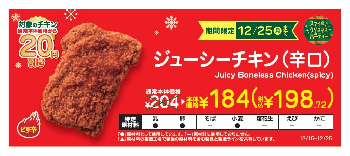 ジューシーチキン（辛口）本体価格より２０円引き販促物（画像はイメージです。）