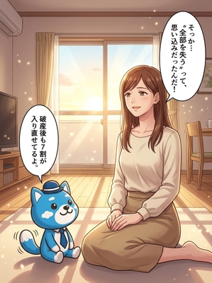 明るい部屋で女性が「全部失うは思い込みだった」と笑顔になり、あおちゃんが「破産後も7割が保険に入り直せている」と伝える漫画