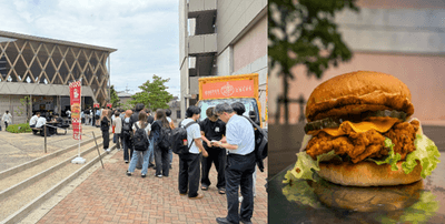 今年5月の営業時の様子(左)、KINDAI CHICKEN BURGER(右)