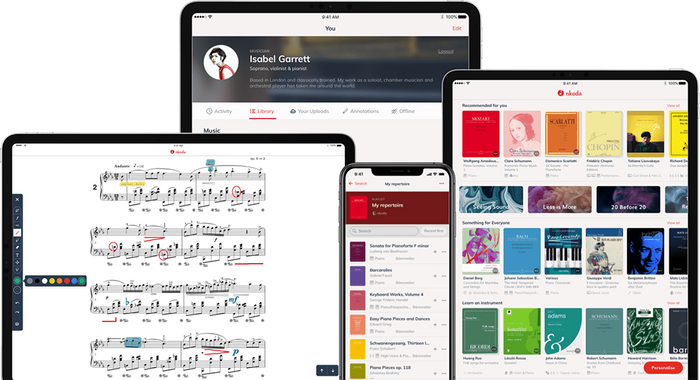 スマートフォン、タブレット、パソコンの各デバイスで楽譜の閲覧が可能