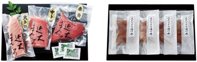 黒門市場＜新魚栄＞近大マグロセット（左）、黒門市場＜新魚栄＞近大マグロ漬け丼セット（右）