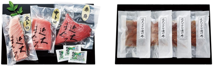 黒門市場＜新魚栄＞近大マグロセット（左）、黒門市場＜新魚栄＞近大マグロ漬け丼セット（右）