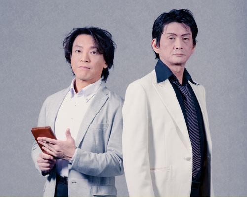左から:有栖川有栖(白木原一仁)、火村英生(オオサワシンヤ)