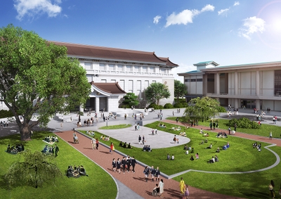 本館前庭リニューアルのイメージ図　(1)開館中の様子(2027年3月完成予定)