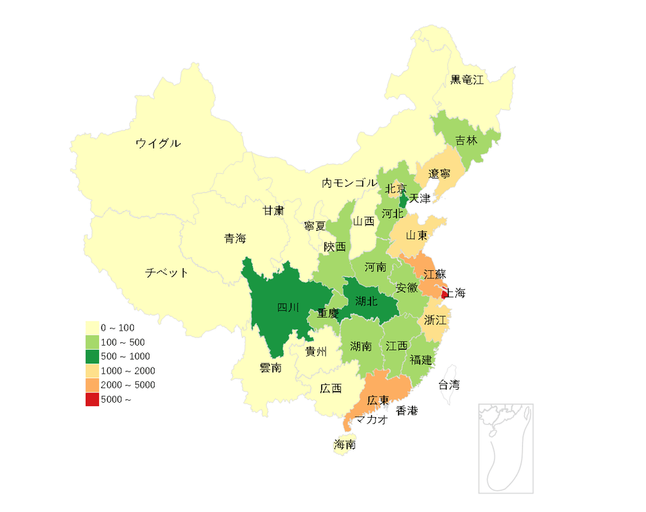図1 中国日系企業の地域分布地図(単位:社)