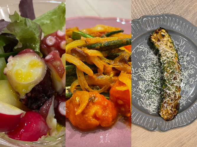 左からタコとポテトのルイユソース、オクラのスパイス炒め、ズッキーニのステーキ　