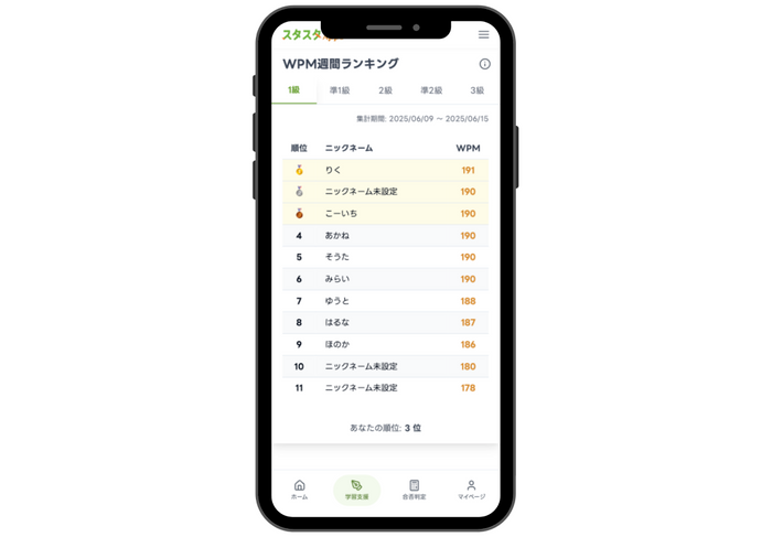 【画像：WPM週間ランキング画面（自分の順位表示を含む）のスクリーンショット】