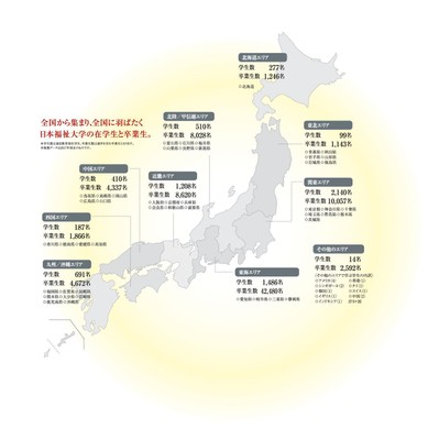 本学通信教育部エリア別学生数・本学卒業生数(2017年現在)