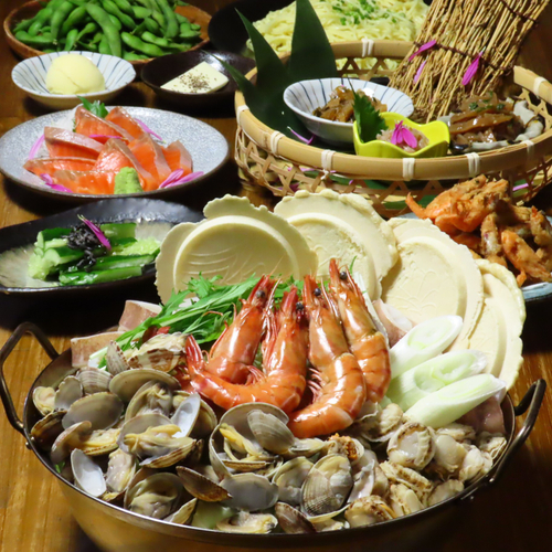  一茶風海鮮味噌せんべい汁鍋コース。