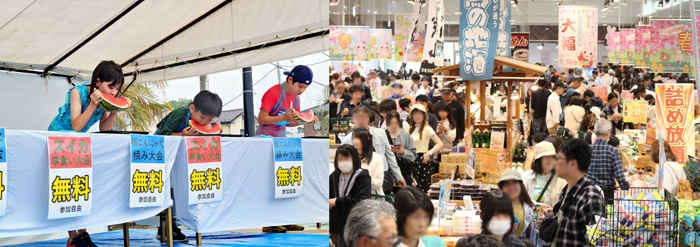 イベントの様子(スイカ早食い大会、土産もの売り場)