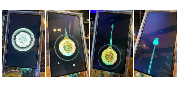 実証実験中の「Log Flower」の様子＜1～2週目＞ 店内で検知した「感情」に応じて、割合値の色や形状で発芽し、蕾へ成長。