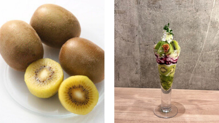 左：福岡県産キウイフルーツ「博多甘熟娘」　右：博多甘熟娘パフェ 1,342円