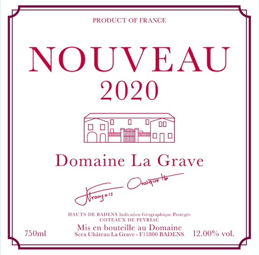 ラ・グラーヴ・ヌーヴォー 赤 2020　ラベル