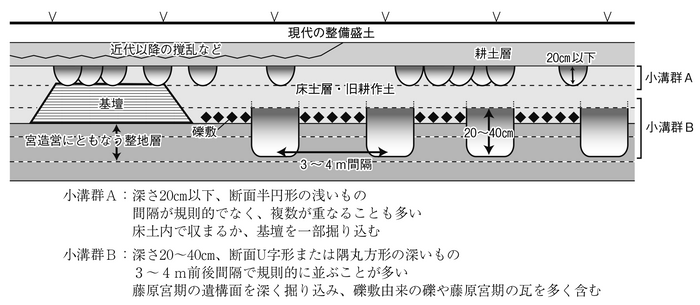 図1 藤原宮跡内で検出されるミゾミゾ模式図(道上祥武2023「「藤原宮」後」『文化財論叢Ⅴ』奈文研)