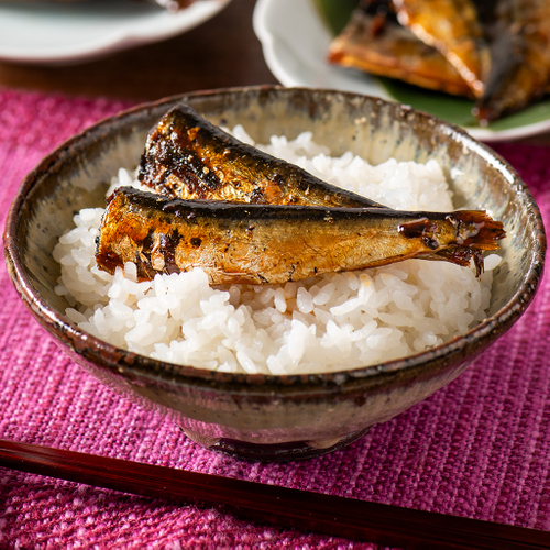 ほかほかのご飯に乗せた「三河の佃煮 いわし甘露煮」