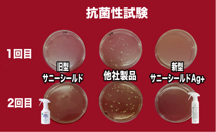 抗菌性試験の比較(左から弊社旧製品・他社製品・弊社新製品)