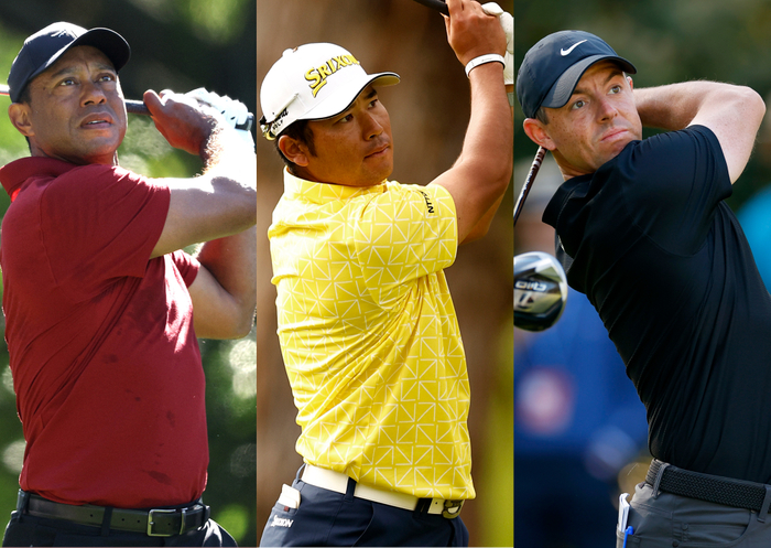 左からタイガー・ウッズ、松山英樹、ロリー・マキロイ