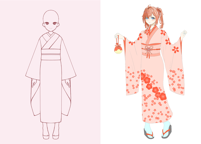 実際に制作中である学生作品：女性着物キャラクター（出所：学校法人瓜生山学園 京都芸術デザイン専門学校）