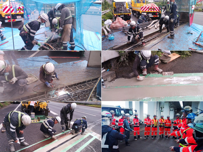 （左上）飛散防止ネット設置した斫り工（はつりこう）、（右上）伸縮装置設置工、（中左）溶接工、（中右）超速硬コンクリート打設工、（左下）段差修正工、（右下）当社の監理技術者（左から4人目）の号令のもと安全第一で工事に取り組む