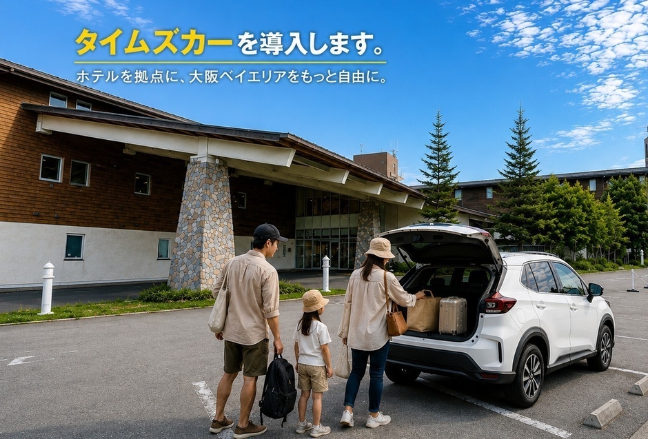 ホテル敷地内のカーシェアを利用して、大阪ベイエリア観光を楽しむ様子(イメージ)