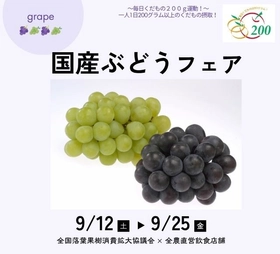 ～１日200gの国産くだものを食べよう！～
ぎゅっと詰まった果実の宝石 全国の旬のぶどうを食べ比べ
全農直営飲食店舗で「国産ぶどうフェア」を９月１２日（土）～９月２５日（金）に開催