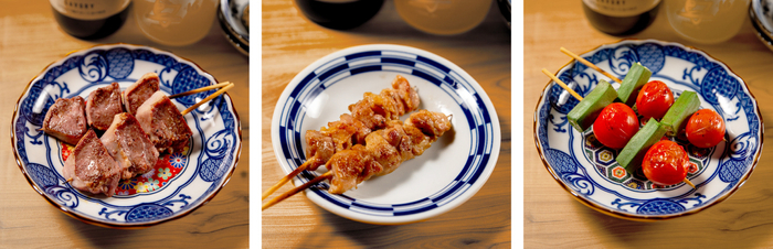 名物 豚タン串、もも串、トマトオクラ串