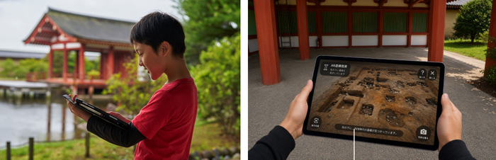 左：探求学習を促進する 対話型AIガイドの利用イメージ　右：ARで遺構を復原表示する タブレット利用イメージ