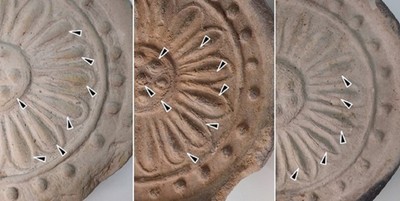 軒丸瓦の瓦当面に残る皴状の痕跡(縮尺不同)※筆者撮影