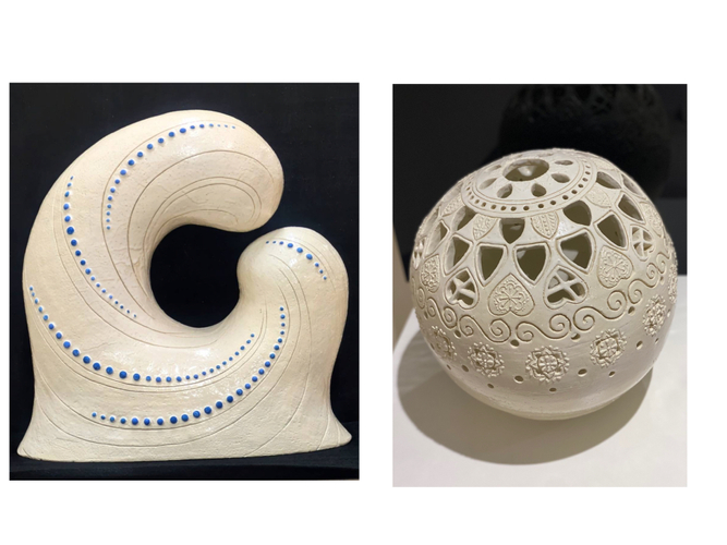 岸 絵里菜さんの作品「Azurune」(左)と山川 スエミさんの作品「Mandala Aeterna」
