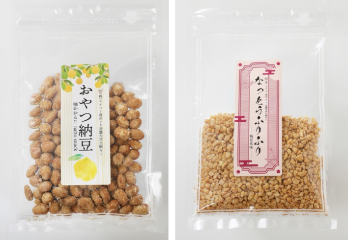 新商品のおやつ納豆（左）となっとうふりふり（右）