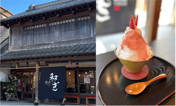 (写真左から)江戸情緒を感じる外観。「発酵かき氷(いちご甘糀)」は日祝で1日10個限定で販売。
