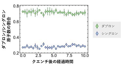 図4:図3と同じ条件下での、ダブロンとシングロンの原子数の割合のダイナミクス。横軸は図3と同様。
