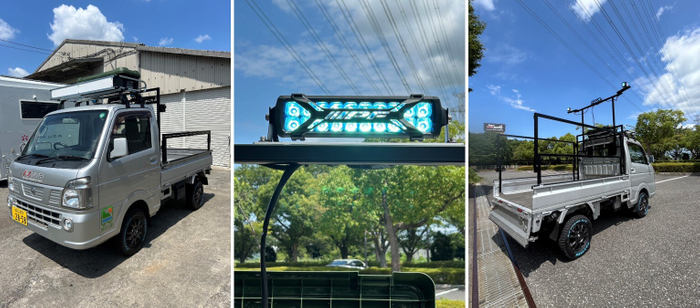左:軽トラはオートマを用意、中央:光源にLED照明、右:伸縮する荷台フレーム