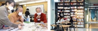 ボードゲームの様子（左）、近畿大学アカデミックシアター（右）