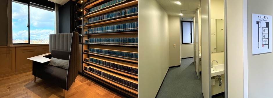 10階 閲覧室にはデスク付き個人用ソファを完備(左)、全階にオールジェンダートイレを配置(一番手前) 「All Gender Restroom For Everyone~どなたでもご利用になれます~」(右)