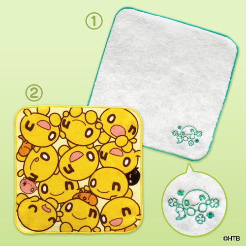 ① onちゃんソフトハンドタオル（四国今治製） ② onちゃんエンジョイハンドタオル (C)HTB