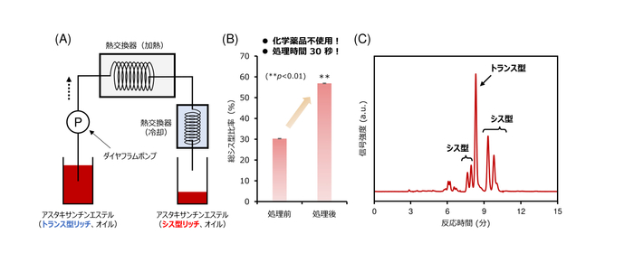 図2:(A)加熱式フローリアクターの概略図と(B)異性化処理前後の総シス型比率、(C)異性化処理後のクロマトグラム