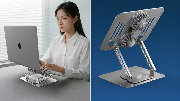 ●ハイブリッドワークの2大ストレス「姿勢の悪化」と「PCの熱暴走」を同時に解決！ 静音ダブルファン＆回転台付き ハイブリッドPCスタンド