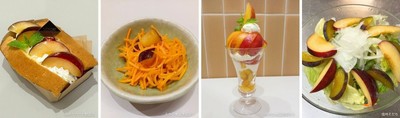 国産米粉のふわもちシフォンサンド~プルーン&プラム~ 単品750円 セット1,100円 (みのりカフェ 銀座三越)/長野県産プルーン入り人参のラペ ※定食小鉢での提供&長野県産プラムのパフェ1,690円 (みのる食堂 銀座三越)/季節のフルーツサラダ ~プルーン・プラム添え~ 979円 (和牛焼肉 信州そだち)