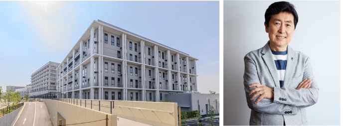 医学部生・看護学部生が学ぶ、おおさかメディカルキャンパス4号館（教育棟）（左）・特別講演にご登壇いただく笠井信輔氏（右）