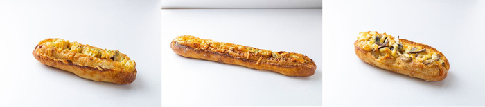 左：三島じゃがフランス　450円　中央：じゃが！じゃが！じゃが！チーズフランス　1,000円　右：じゃがしいたけフランス　550円