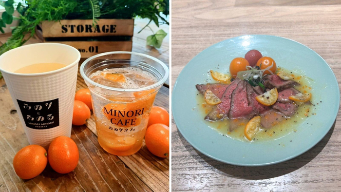 （左）鹿児島県産きんかんのレモネード風 539円（みのりカフェ福岡パルコ）・（右）鹿児島県産金柑と糸島ミニトマトの甘酢漬け 博多和牛ローストビーフ～きんかんソース～1,496円 （みのりカフェアミュプラザ博多）